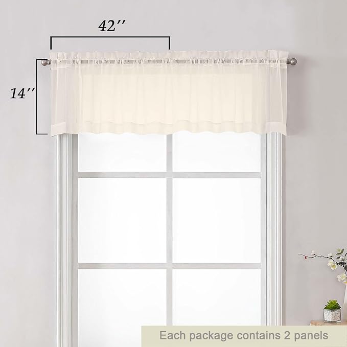 Cream Valances for Windows, Cream Sheer Curtains 14 Inch Length 2 Pack Kitchen - Image 3