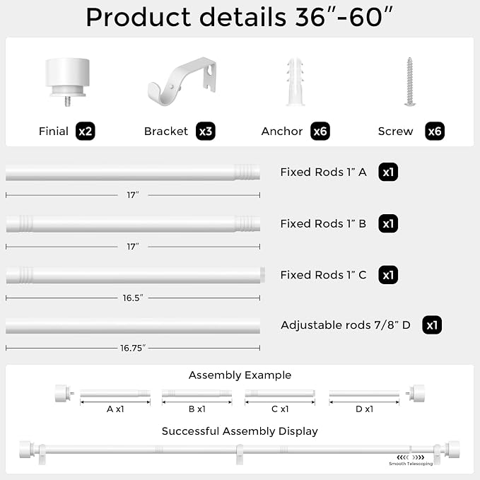 Modern White Curtain Rods for Windows 30 to 56 Inch, Decorative Drapery Rods - Image 5