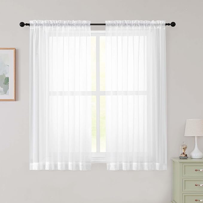 Sheer White Curtains for Bedroom Living Room 54 Inch Length 2 Panels Set by WelvetBLK