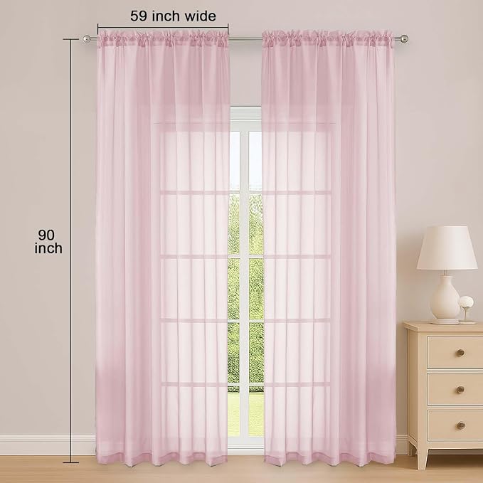 OWENIE Blush Sheer Curtain 90 Inches Long 2 Panels Set, Solid Filmy Drapes - Image 2
