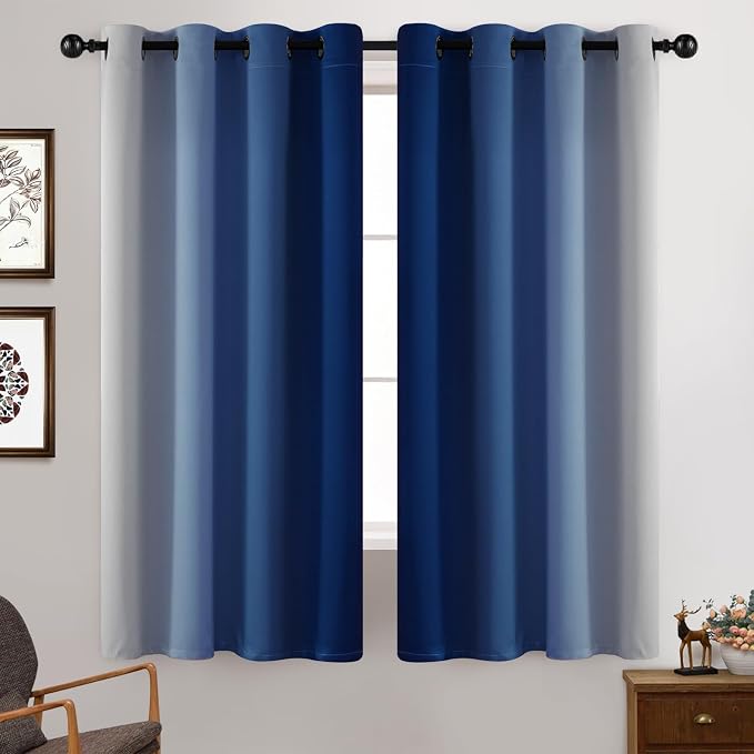 Yakamok Greyish White and Royal Blue Ombre Curtains, Light Blocking Curtains - Image 2