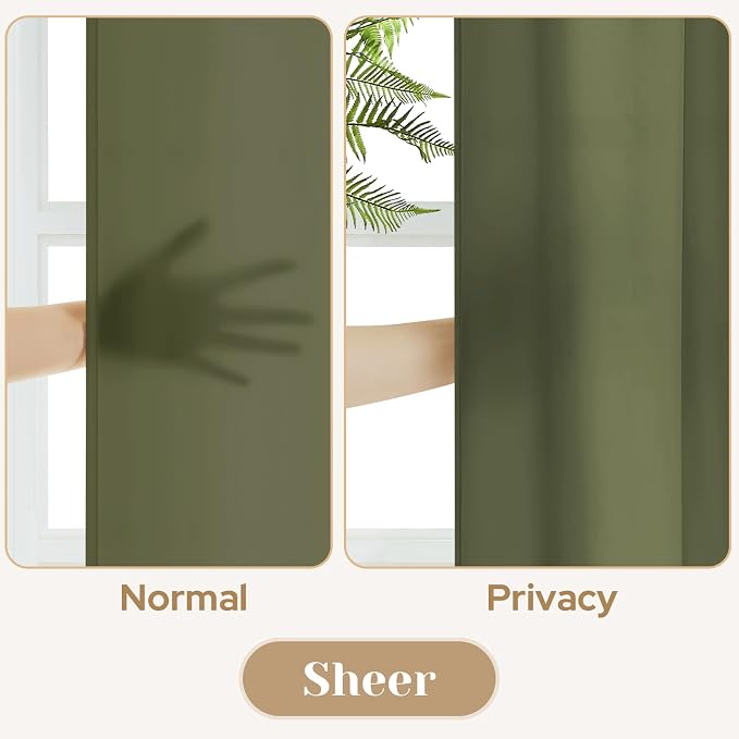 HOMEIDEAS Non-See-Through Olive Green Privacy Sheer Curtains, 52 X 54 Inches - Image 3