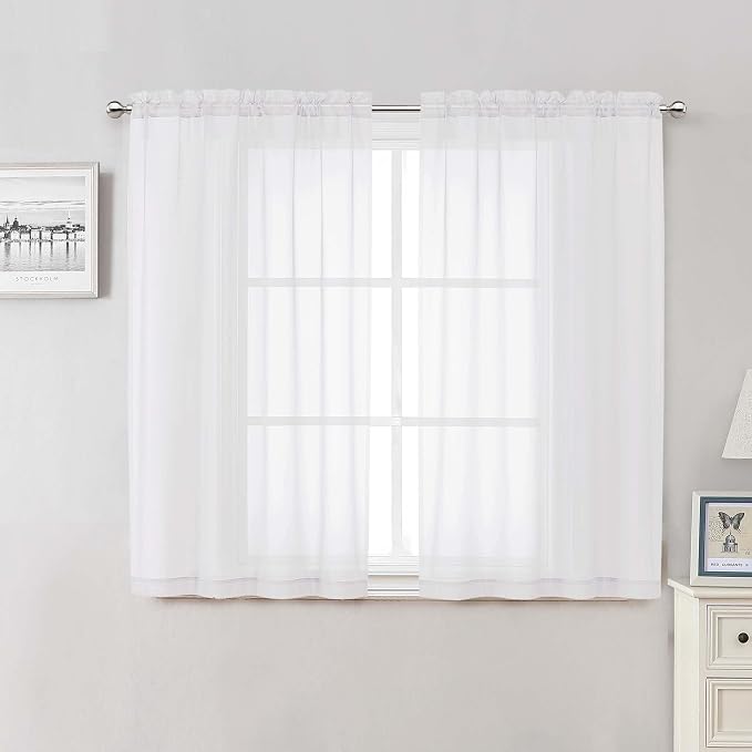 Lecloud White Sheer Curtains 50 Inch Length 2 Pcs, Light Filtering Voile by Lecloud