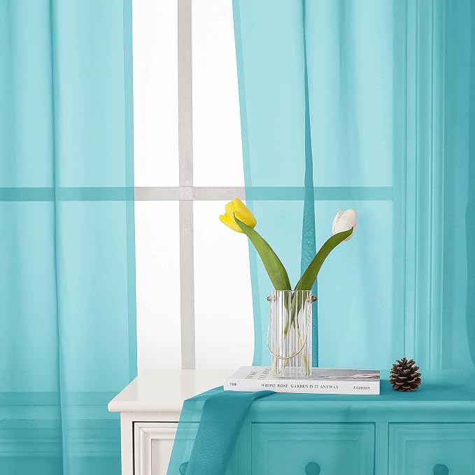 Lecloud Aqua Sheer Curtains for Bedroom 54 Inch Length 2 Pcs, Rod Pockets Solid - Image 7