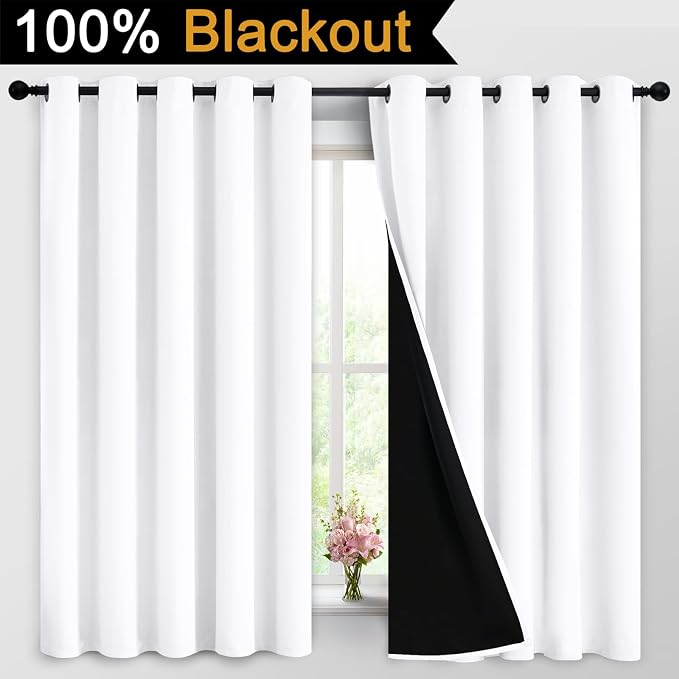 Yakamok 2 Thick Layers Pure White 100% Completely Blackout Curtains Thermal - Image 2