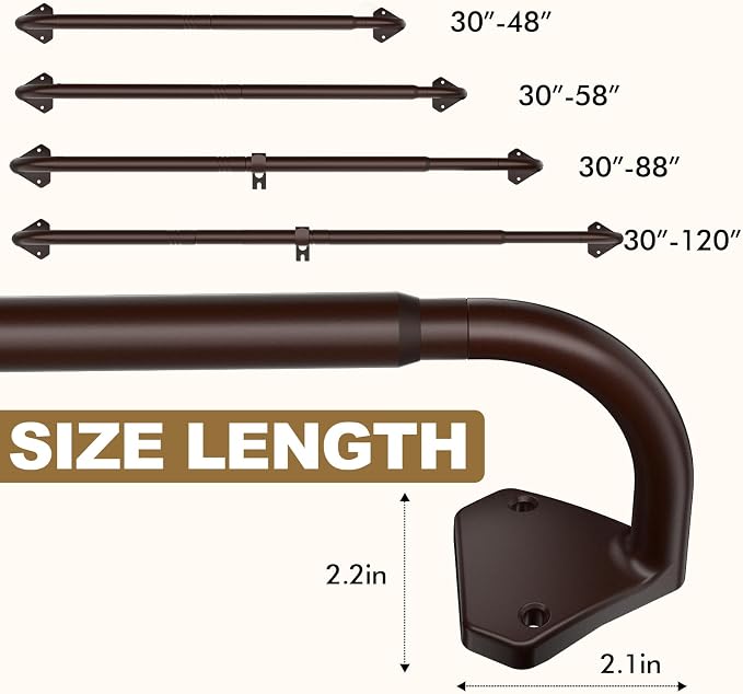 GXOACKJ Brown Curtain Rods for Windows 48 to 84 inch, 5/8 inch Adjustable Wrap - Image 4