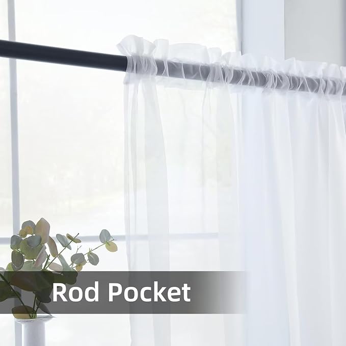youleyar Solid Sheer Rod Pocket Curtain Voile Draperies 4 Panels White Beige - Image 3