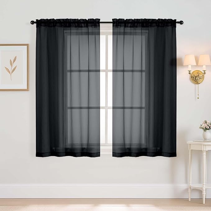 Black Window Sheer Curtains 54 inch Length, Soft Airy Light Filtering Sheer by Home