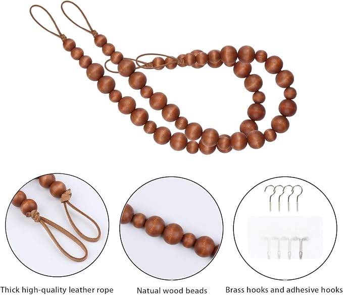 OCIOLI 2 Pieces Curtain Tieback Wood Bead Curtain Tiebacks Curtain Holdbacks - Image 5