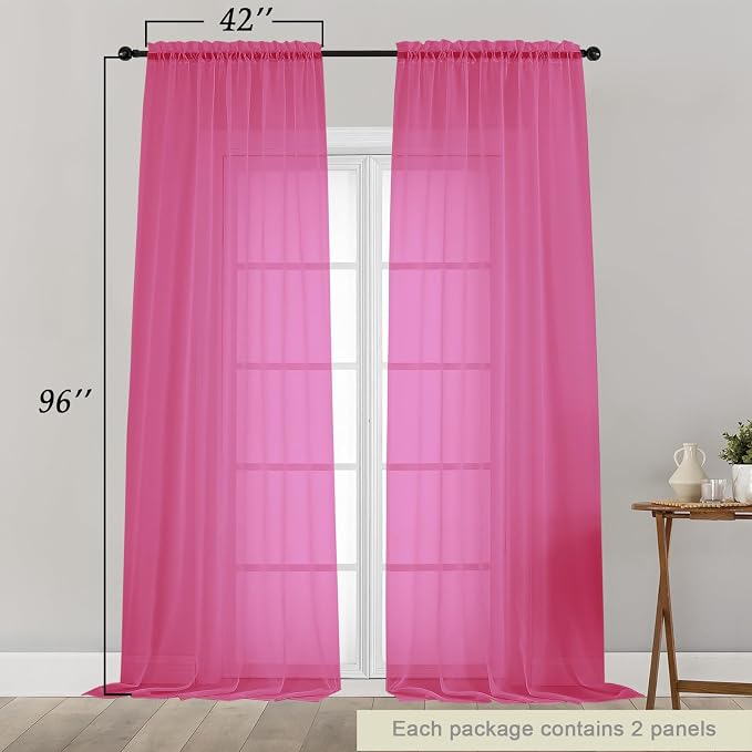 Hot Pink Sheer Curtains for Bedroom Living Room 96 Inches Long 2 Panels - Image 2