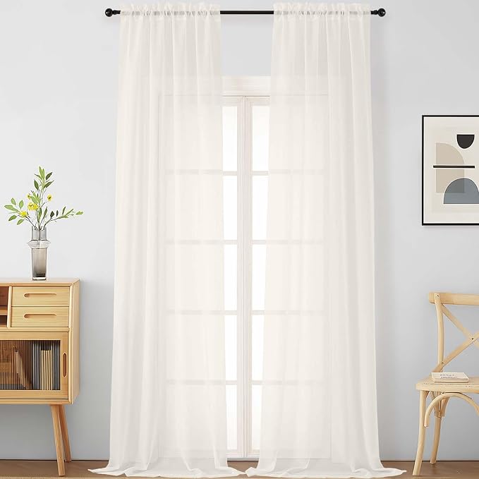 Ivory Sheer Curtains for Windows 108 inches Long 2 Panels Set, Soft Lightweight by Home