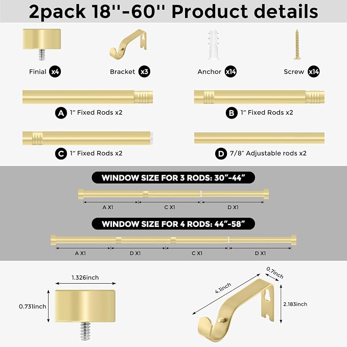 VOIIY 2 Pack Gold Curtain Rods for Windows 28 to 48 Inch, Size:30''-60'' - Image 9