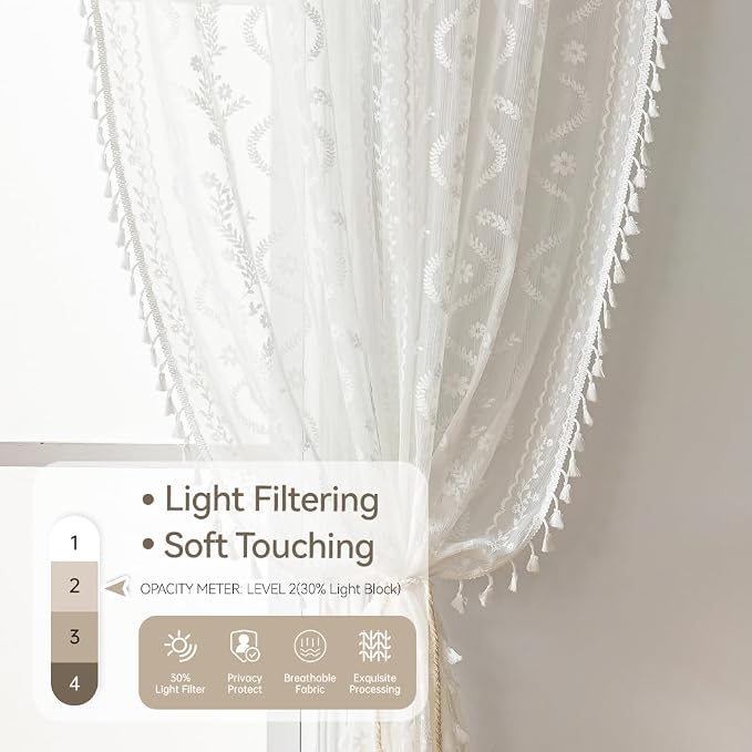 WAZZIO White Boho Lace Curtains 84 Inch -Cute Vintage Victorian Sheer Panel - Image 5