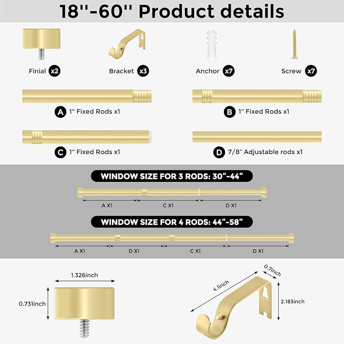 VOIIY Gold Curtain Rods for Windows 28 to 48 Inch, Size:30-60 Inch - Image 9