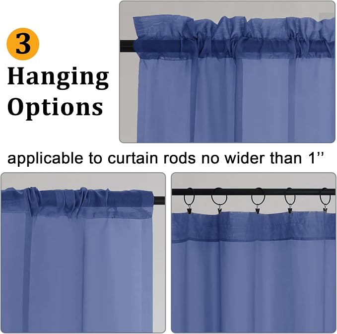 Gwine Royal Blue Sheer Kitchen Curtains 36 Inch Length, Light Filtering Voile - Image 4