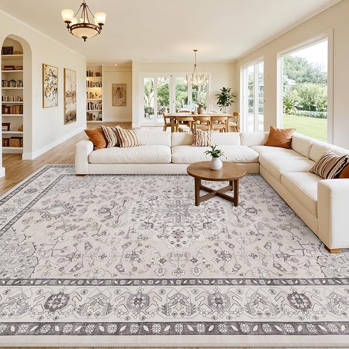 10x12 Area Rugs Living Room: Bedroom Washable Carpet Beige & Grey | Large by Luxturiy