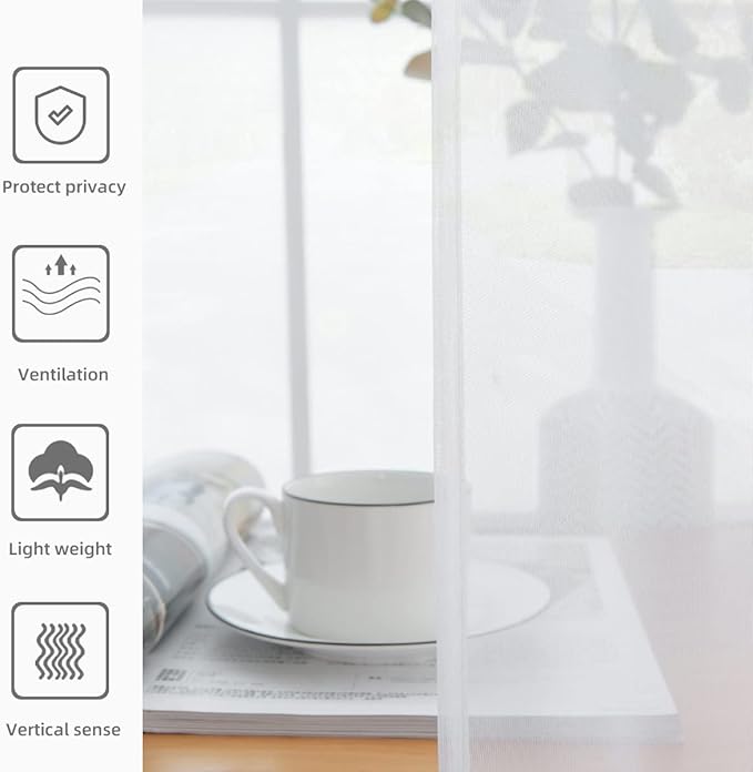 youleyar Solid Sheer Rod Pocket Curtain Voile Draperies 2 Panels White Beige - Image 5