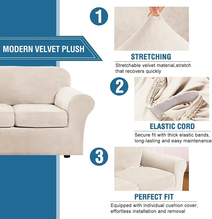 H.VERSAILTEX Modern Velvet Plush 4 Piece High Stretch Sofa Slipcover Furniture - Image 3