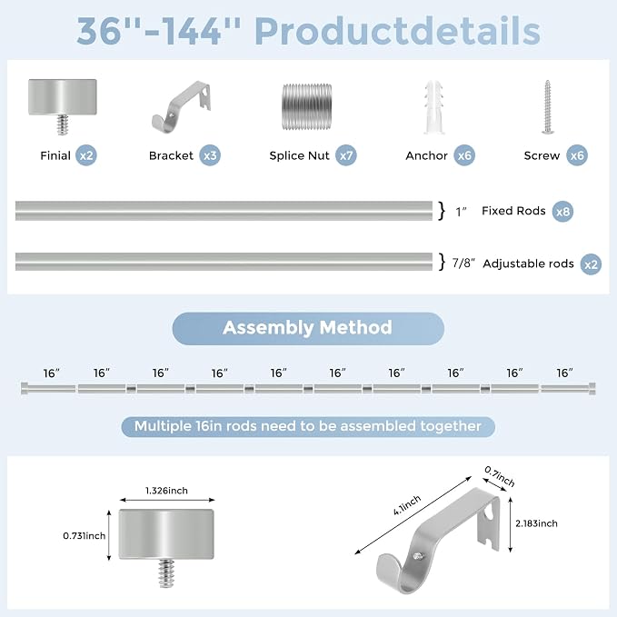 VOIIY Silver Curtain Rods for Windows 72 to 144 Inch, Size:36-144 Inch - Image 8