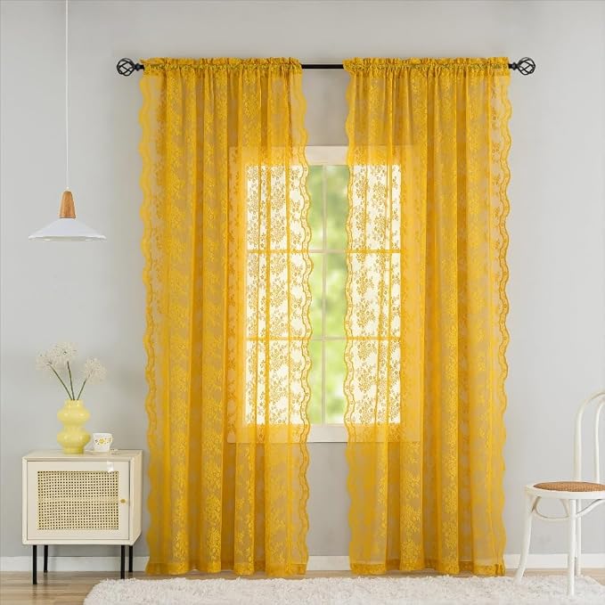 YJ YANJUN Vintage Lace Curtains 84 Inches Long-Victorian Floral Pattern Boho - Image 2