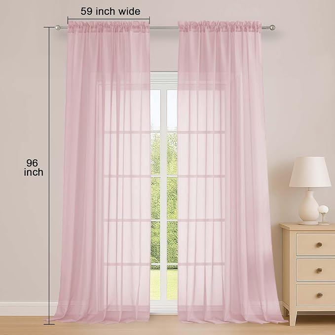 OWENIE Extra Long Blush Sheer Curtains 96 Inches Long 2 Panels Set, Soft - Image 2