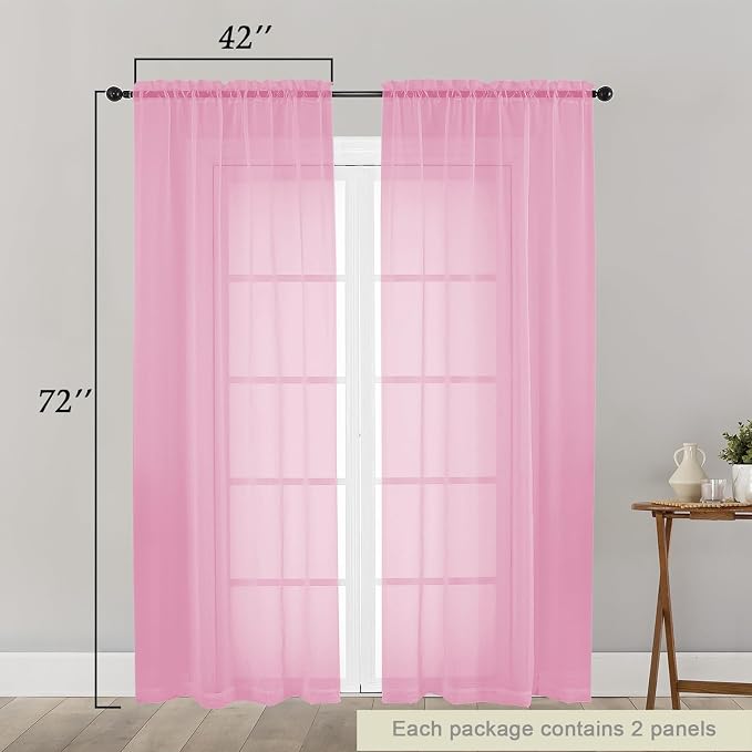 Pink Sheer Curtain for Bedroom Living Room 72 Inches Long 2 Panels Set - Image 2