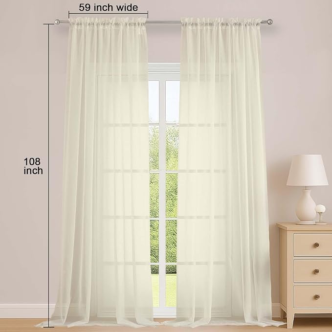 OWENIE Sheer Cream Curtains 108 Inches Long - Image 2
