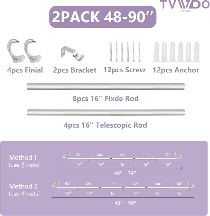 TVWOO Silver Wrap Around Curtain Rods 2Pack:Small Blackout Adjustable Window - Image 8