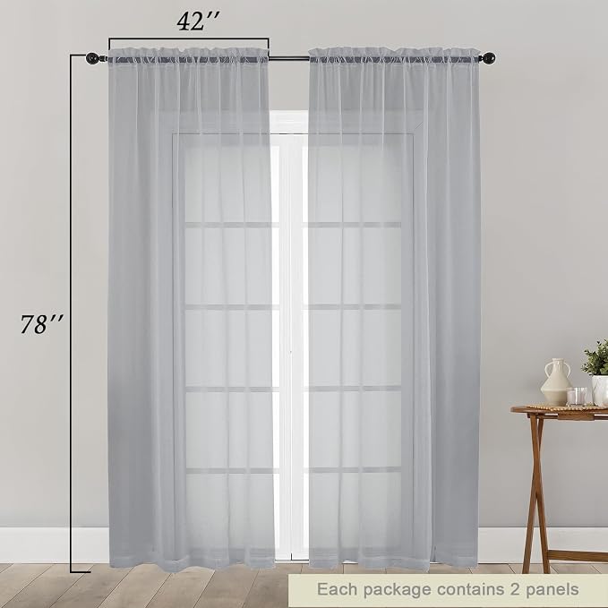 Light Grey Sheer Curtain for Bedroom Living Room 78 Inches Long 2 Panels Set - Image 2