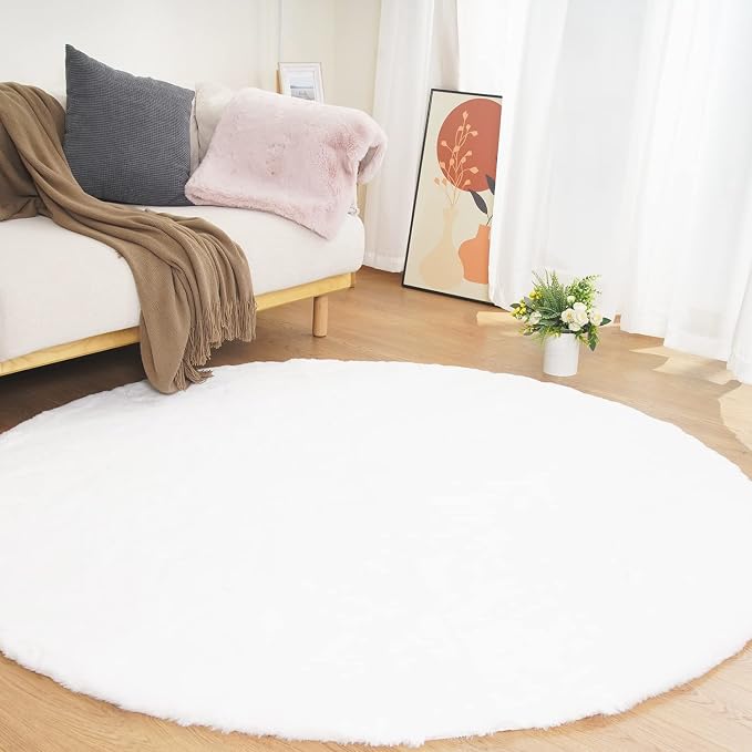 Ghouse Faux Rabbit Fur Round Rug 8ft White Round Rugs by Ghouse