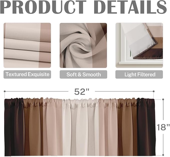 Emvency 2 Pack Valances Window Treatments, Striped Neutral Brown Minimalist - Image 3