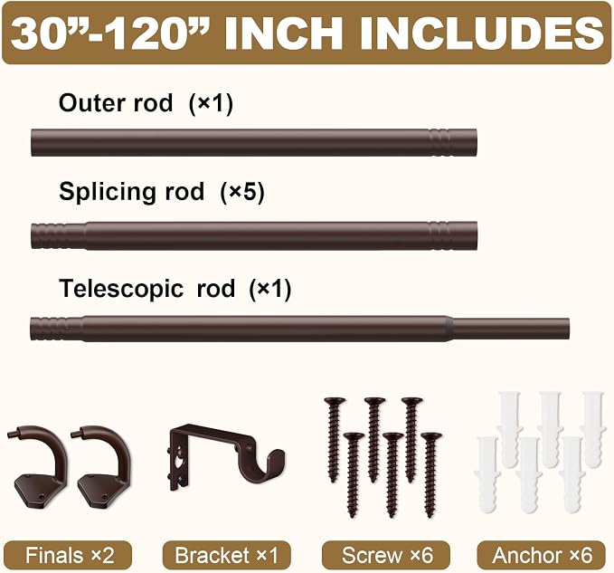 GXOACKJ Brown Curtain Rods for Windows 66 to 120 inch, 5/8 inch Adjustable Wrap - Image 5