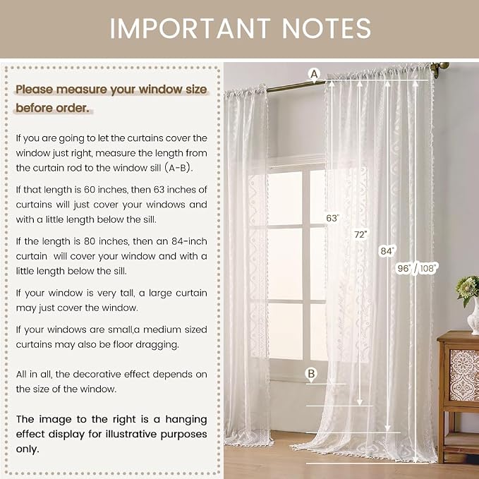 WAZZIO White Boho Lace Curtains 84 Inch -Cute Vintage Victorian Sheer Panel - Image 9