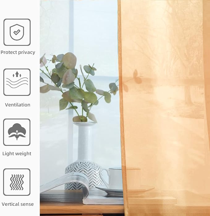 youleyar Solid Sheer Rod Pocket Curtain Voile Draperies 2 Panels Beige Semi - Image 5