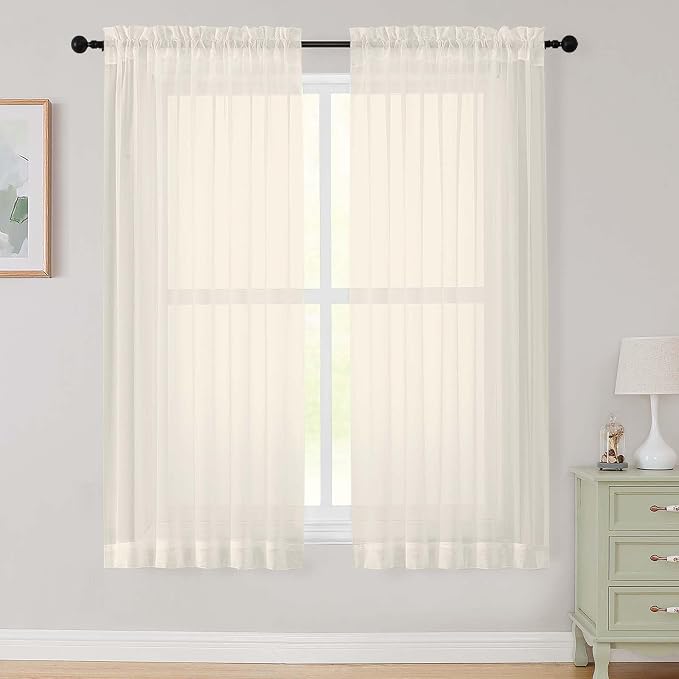 Cream Sheer Curtains 63 Inch Length 2 Panels Set by WelvetBLK