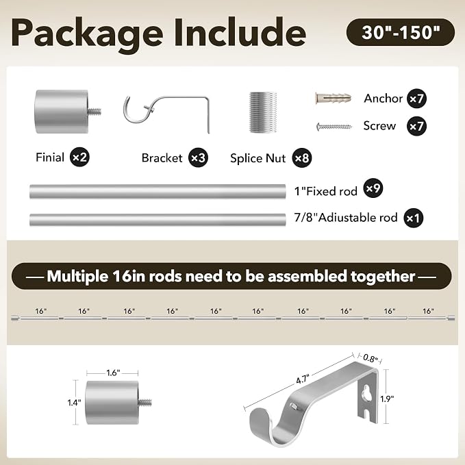 IFELS Heavy Duty Curtain Rods for Windows 72 to 144 Inch, 1 Inch Silver Curtain - Image 6