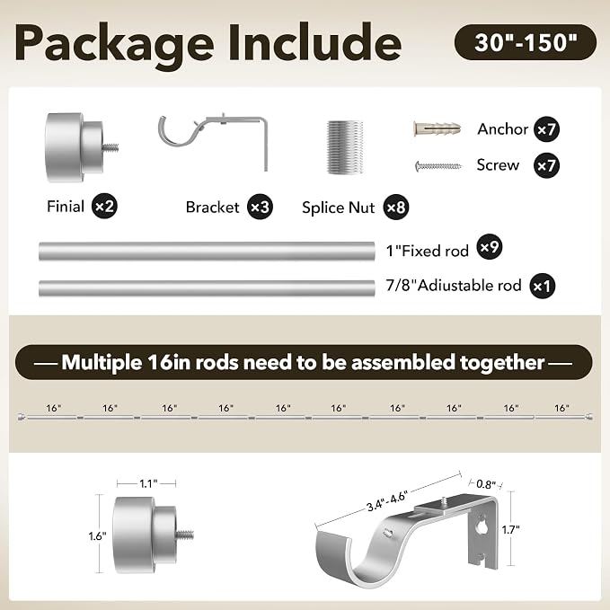 IFELS Heavy Duty Curtain Rods for Windows 72 to 144 Inch, 1 Inch Silver Window - Image 7
