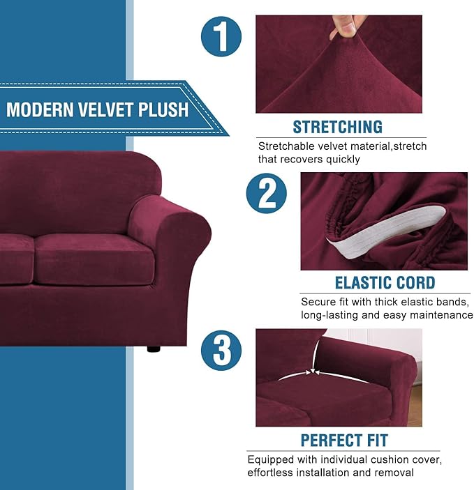 H.VERSAILTEX Modern Velvet Plush 4 Piece High Stretch Sofa Slipcover Sofa Cover - Image 3