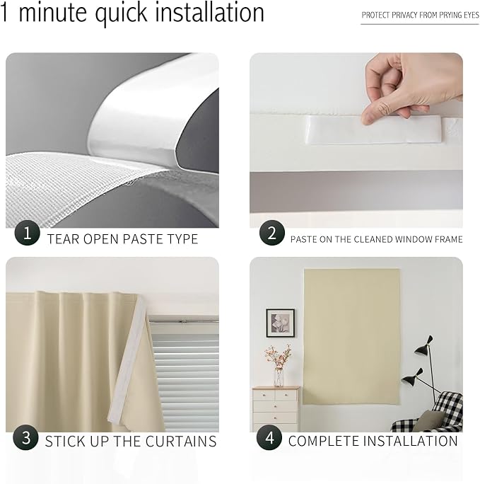 Blackout Curtains with Self Adhesive Tape No Rod No Drill Easy Install Window - Image 3