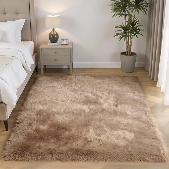 Goolela Faux Sheepskin Fur Area Rug 5x8 Light Brown Beige Fluffy Fuzzy Furry - Image 2