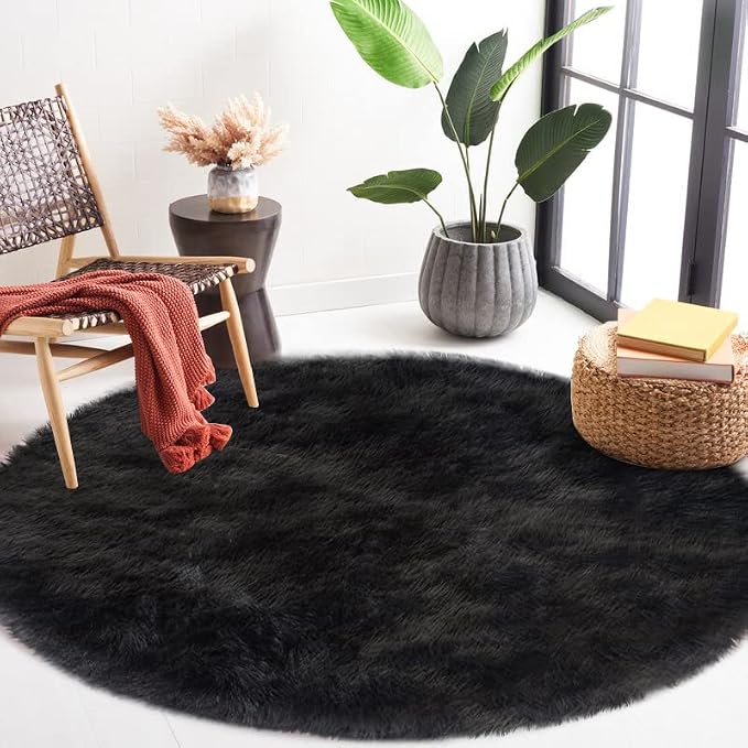 Latepis Black Faux Fur Round Rug 6.7ft Shag Sheepskin Rug - Image 7