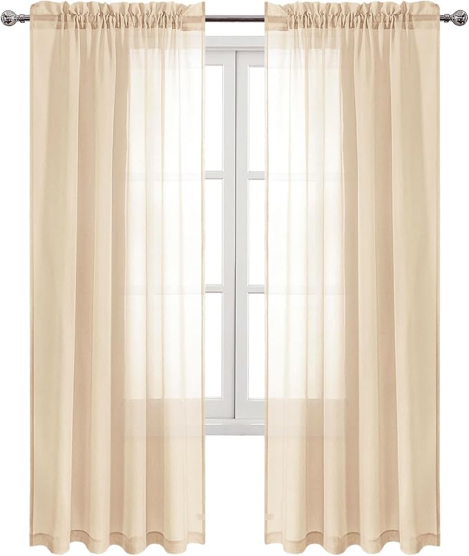 DWCN Beige Sheer Curtains Semi Transparent Voile Rod Pocket Curtains - Image 9