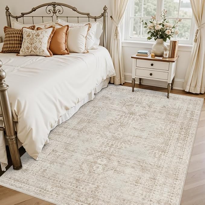 4x6 Area Rugs Living Room: Bedroom Neutral Washable Carpet Brown | Vintage Boho - Image 2