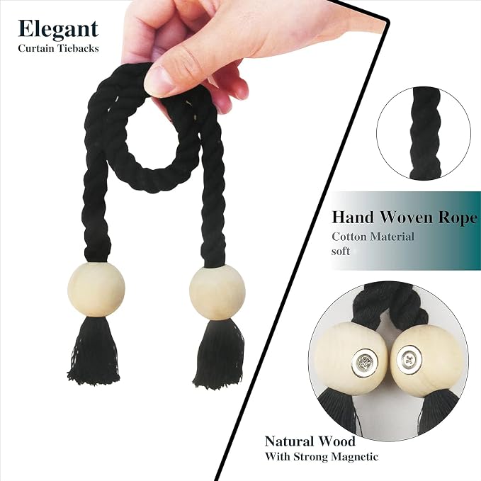 2 Pack Magnetic Curtain Tiebacks Cotton Hand Woven Tie Back Decorative Rope - Image 2