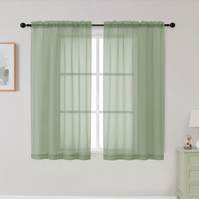 Sage Green Sheer Curtains for Bedroom Living Room 45 Inch Length 2 Panels by WelvetBLK