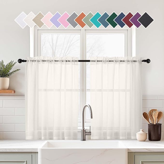 Ivory Small Sheer Curtains Tier 24 Inches Length 2 Pieces, Light Filtering Cafe by Home