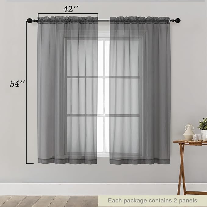 Sheer Grey Curtains for Bedroom Living Room 54 Inch Length 2 Panels Set - Image 2