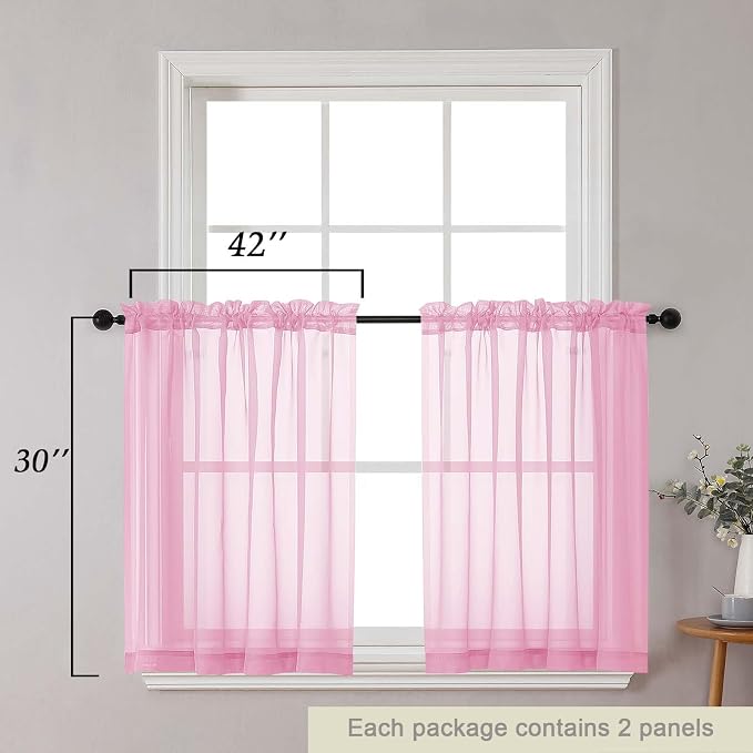 Pink Kitchen Curtains 30 Inch Length Tier 2 PCS, Solid Soft Airy Half Curtains - Image 2
