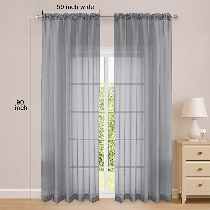 OWENIE Grey Sheer Curtain 90 Inches Long 2 Panels Set, Solid Filmy Drapes - Image 2