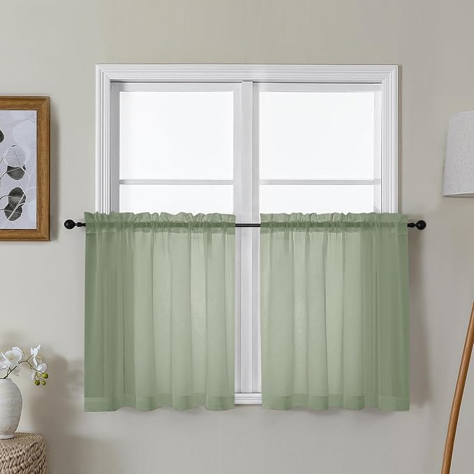 Gwine Sage Green Sheer Curtain Tiers 24 Inch Length, Light Filtering Voile by Gwine